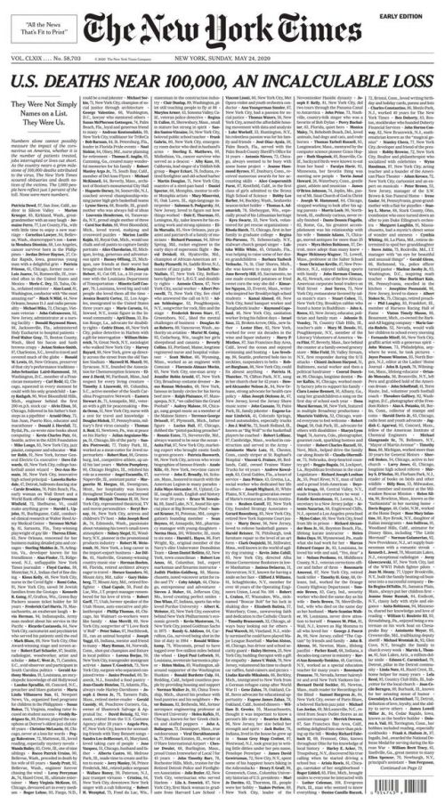 纽约时报提前公布次日头版美国接近10万死亡