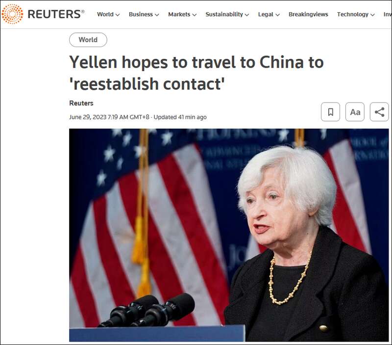 耶伦当天在接受采访时表示，她希望访问中国以重建与北京方面的联系