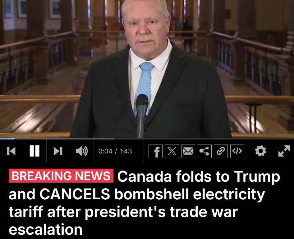 安大略省省长道格-福特（Doug Ford）表示，他将取消周一实施的对加拿大输往美国电力关税的规定 ...