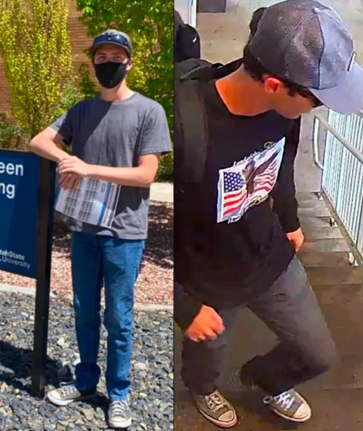 左侧社交媒体照片中的泰勒·罗宾逊 (Tyler Robinson) 穿着匡威鞋，与右侧联邦调查局 (FBI) 发布的照片​​  ...