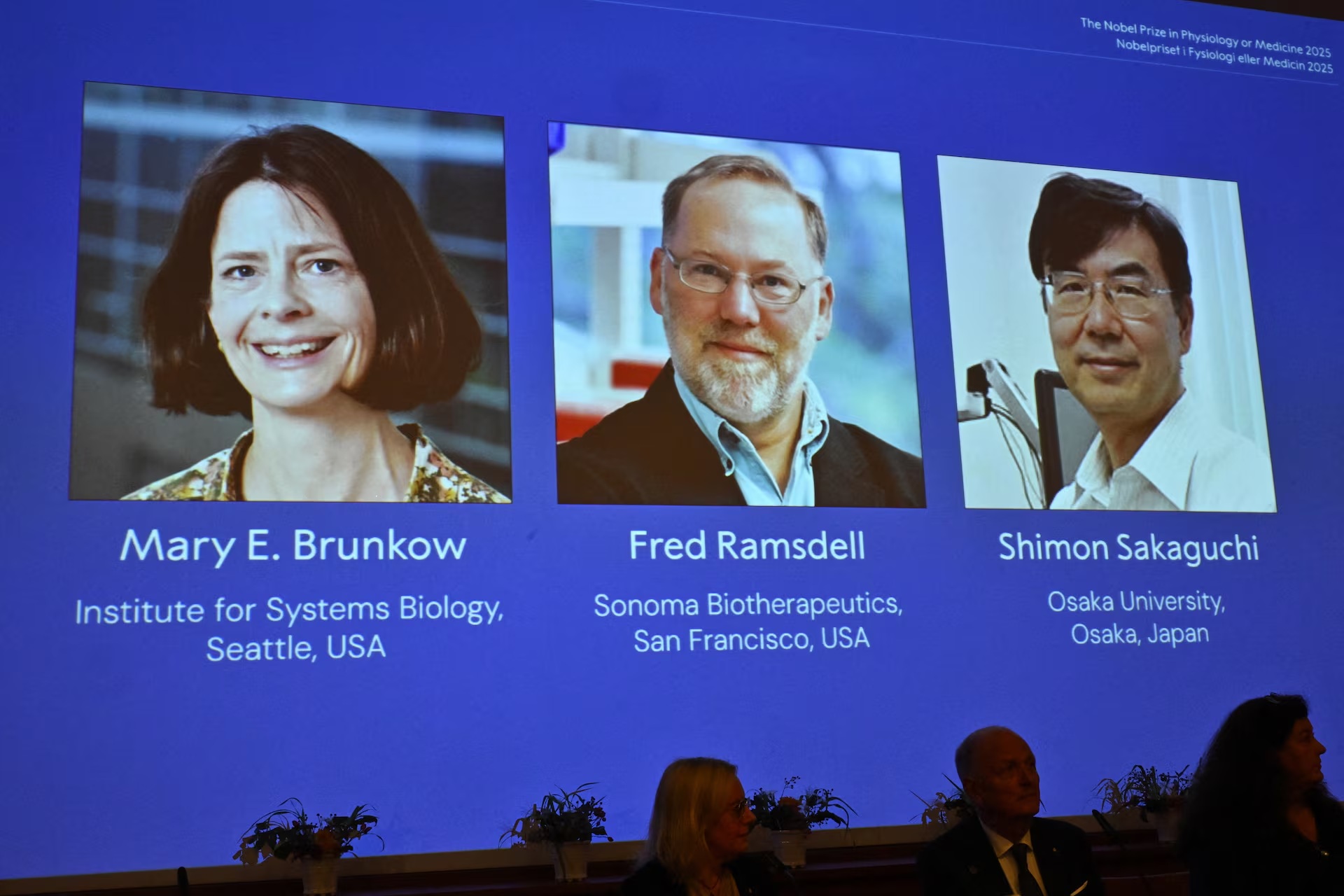美国科学家玛丽·布伦科 (Mary Brunkow)、弗雷德·拉姆斯德尔 (Fred Ramsdell) 和日本科学家坂口志满 (Shim ...