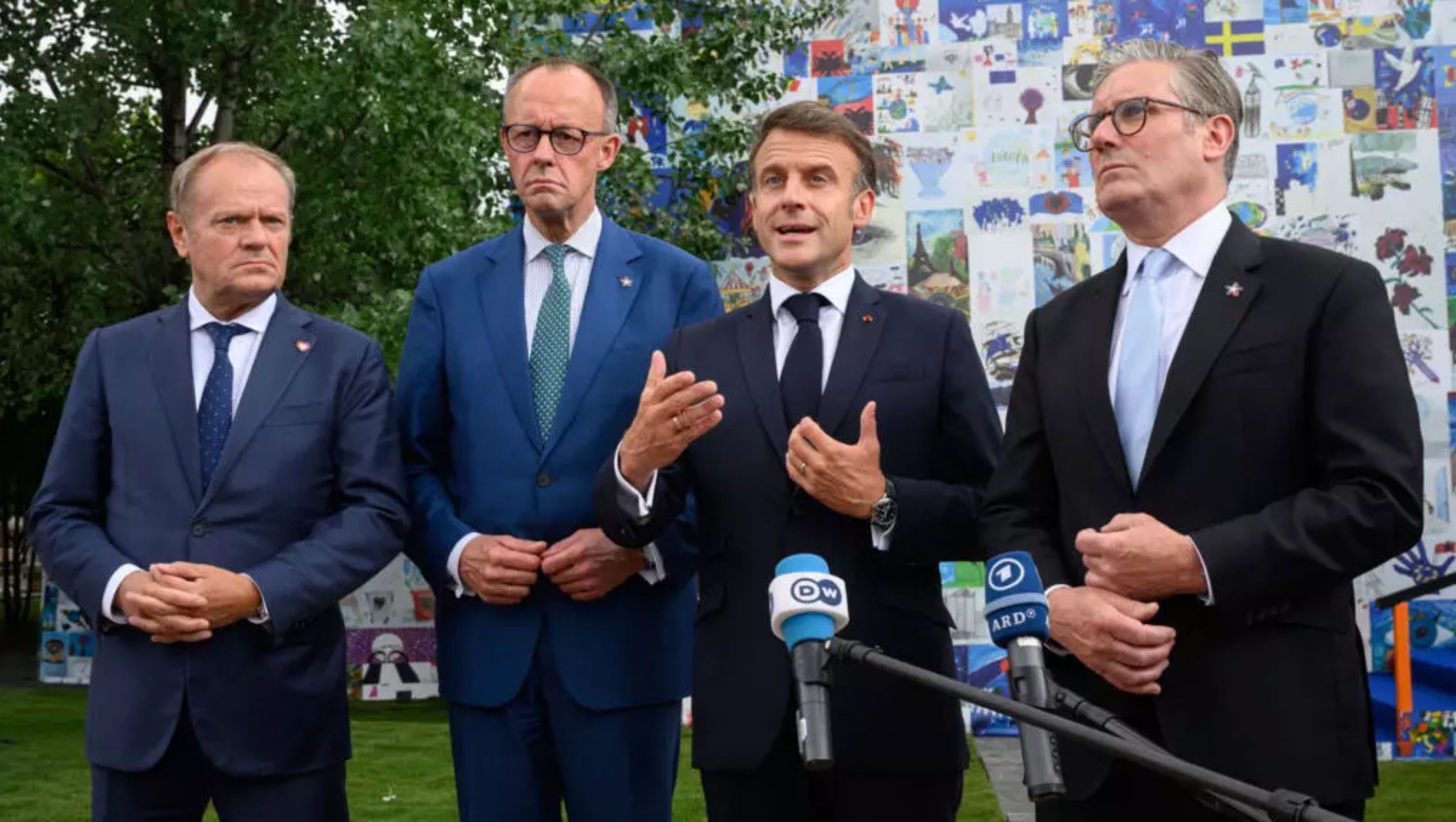 阿尔巴尼亚地拉那，波兰总理唐纳德-图斯克（Donald Tusk）、德国总理弗里德里希-默茨（Friedrich Merz）、 ...