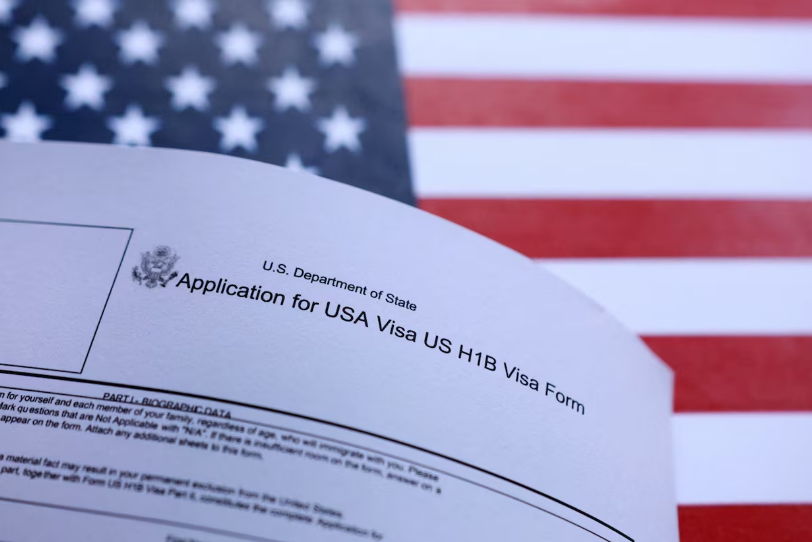 美国国旗和美国H-1B签证申请表